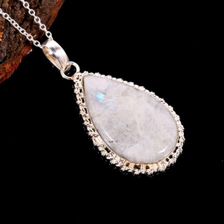Silver Plated Brass Pendant Necklace with Rainbow Moonstone Gift Jewelry